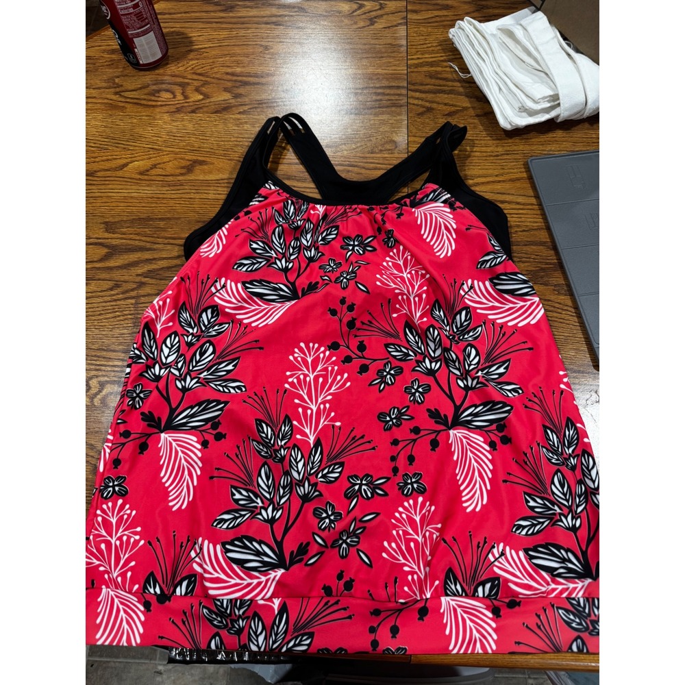 Womens Red Floral Blouson Tankini Swim Top Racerback Double Strap XL